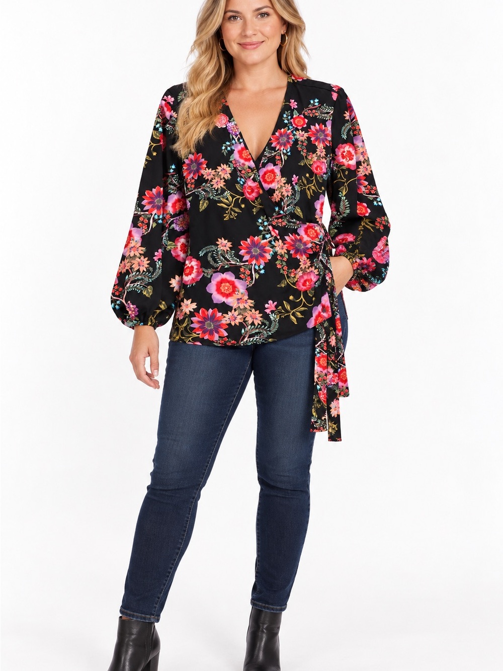 INC International Concepts Floral Wrap Blouse Women’s XL Black Multicolor